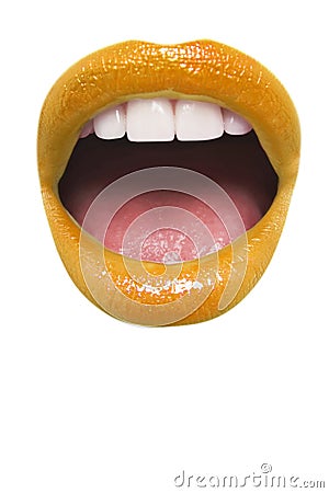 Close-up view of female wearing orange lipstick with mouth open over white background Stock Photo