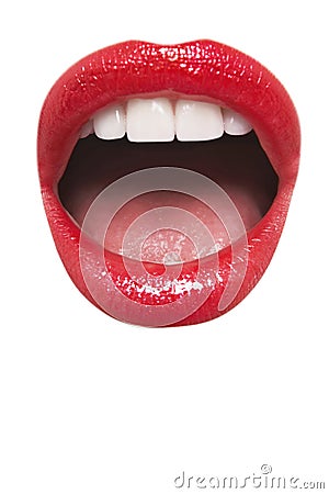 Close-up view of female wearing red lipstick with mouth open over white background Stock Photo