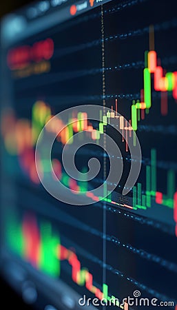 Close-up view of financial charts on computer screen. Colorful graphs, diagrams display stock performance, market trends. Data Stock Photo