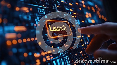 close up view of finger pressing launch button on digital interface, symbolizing innovation and Stock Photo