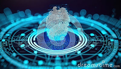 A close-up view of a fingerprint scan interface displaying advanced security access technology. Stock Photo