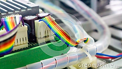 Close up view of the flat rainbow ribbon wire cable connect to terminal block connector. Stock Photo