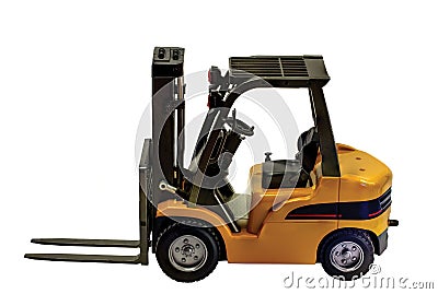 Close up view of forklift toy radiocontroled car isolated. Hobby backgrounds. Stock Photo