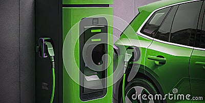 A close-up view of the future of sustainable transportation, this photo showcases a new green electric car being charged Stock Photo