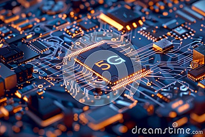 A close-up view of 5G computer chip illuminated on a circuit board. Generative AI. Stock Photo