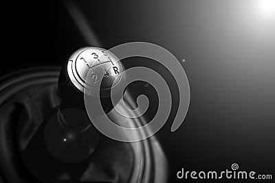 Close up view of a gear lever shift. Manual gearbox. Car interior details. Car transmission. Soft lighting. Abstract view. Stock Photo