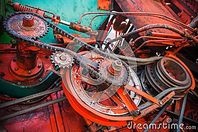 Close up view on gear mechanism of old combine harvester Stock Photo