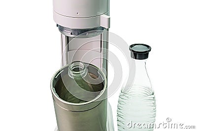 Close-up view of glass bottle soda and soda machine with empty bottle neatly placed in container Stock Photo