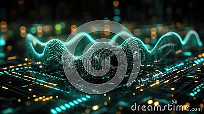 A close-up view of a glowing microchip embedded in a high-tech circuit board, emphasizing cutting-edge technology and digital Stock Photo