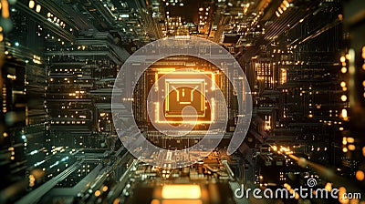 Close-up view of a glowing microprocessor in a circuit board Stock Photo