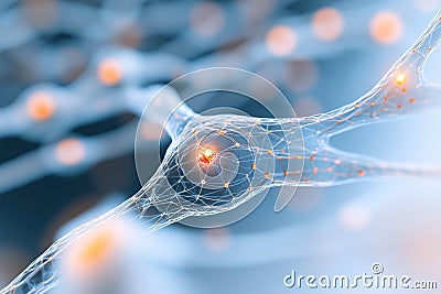 Close-up view of a glowing neural network with red nodes highlighting neural connections Stock Photo