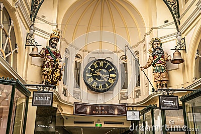 Close-up view of Gog and Magog and Gaunt`s clock at the Royal Arcade in Melbourne Australia Editorial Stock Photo