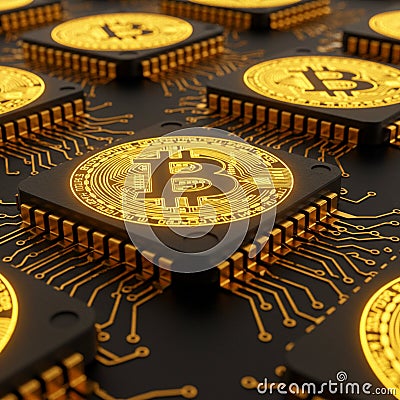 AI Generated Close-Up of Golden Bitcoin Symbols on Computer Chips Embedded in Circuit Board Stock Photo