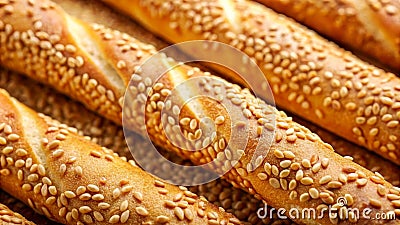 Close-up view of golden brown breadsticks, generously sprinkled with sesame seeds, arranged in an appealing pattern. Generative AI Stock Photo