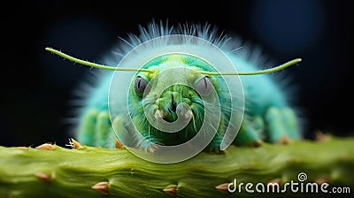 Close-up view of a green swallowtail caterpillar crawling on a plant twig Stock Photo