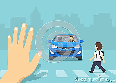 Close-up view of a hand gesturing stop for approaching vehicle. School boy crosses the street on pedestrian crossing. Vector Illustration