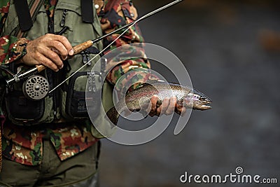 Close-up view of the hands of a fly fisherman holding a lovely trout Stock Photo