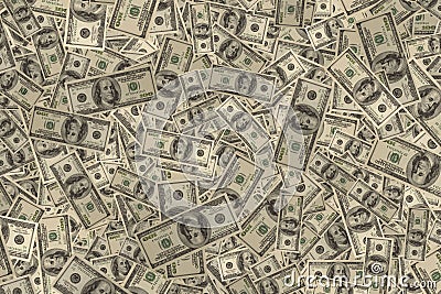 Close up view of heap one hundred dollar bills lying on surface. Banknote. Stock Photo