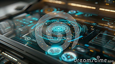 close-up view of a high-tech interface with intricate digital patterns, indicative of sophisticated futuristic technology Stock Photo