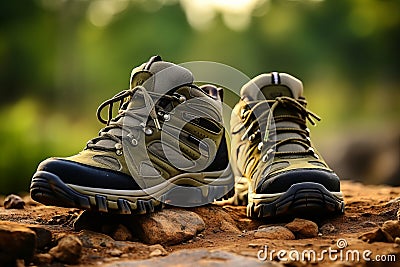 Close up view of hiker wearing durable hiking shoes while exploring the great outdoors Stock Photo