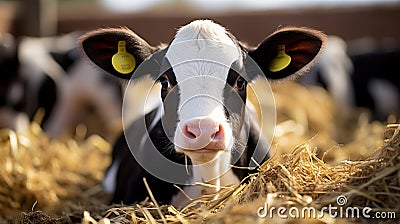 Close up view of holstein calf lying in straw inside dairy farm. Generative AI Stock Photo