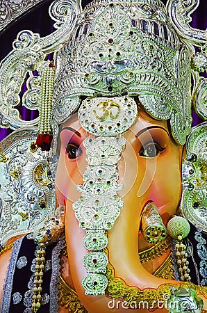 Close up view of an idol of Lord Ganesha, Tulshibaug Mandal, Pune, Maharashtra, India. Stock Photo