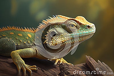 Close up view of an iguana. Green basilisk lizard sitting on a branch - Generative AI Cartoon Illustration