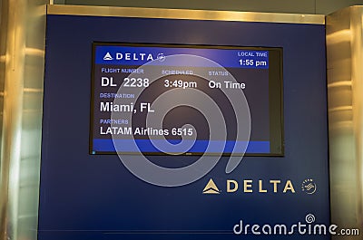 Close-up view of information display of Delta airlines at airport gate. USA. Editorial Stock Photo