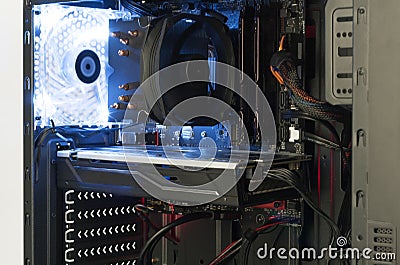 Close up view inside open midi tower computer case Stock Photo
