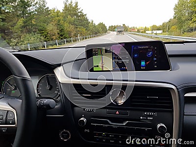 Close up view of interior of Lexus RX car. Vehicle concept. Editorial Stock Photo