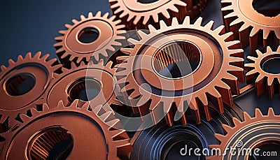 A close-up view of interlocking rusty metal gears on a dark background, symbolizing complex Stock Photo