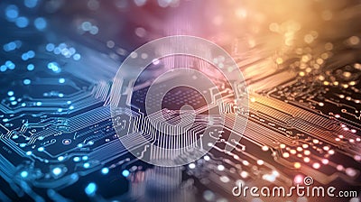 Close-up view of an intricate circuit board with colorful lights, showcasing advanced technology and microelectronics in a modern Stock Photo