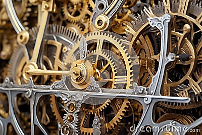 close-up view of intricate clock gears and cogs Stock Photo