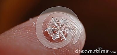 A close-up view of an intricate snowflake resting delicately on a fingertip, showcasing its unique crystalline. Generated AI Stock Photo