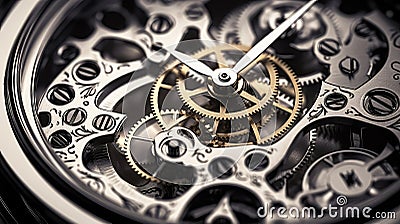 Close-Up View of Intricate Watch Mechanism, Highlighting the Precision and Complexity of Timekeeping Devices Stock Photo