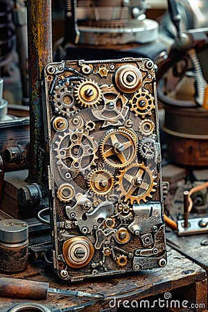 A close-up view of a intricately designed steampunk smartphone prototype, showcasing its gears, cogs, and metallic textures Stock Photo