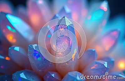 Close-up view of iridescent opal crystals. Colorful light plays on facets. Cluster of gems shows beautiful intricate patterns. Stock Photo