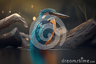 Close-up view of Kingfisher bird Filigree on the branch, AI-generated Stock Photo