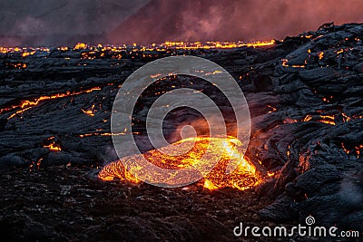 Close-up view of the lava flow of the newest eruption site in Fagradalsfjall volcano, Iceland Stock Photo