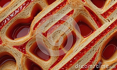 close-up view layered pastry, featuring lattice-like pattern alternating red and white layers, with drizzle Stock Photo