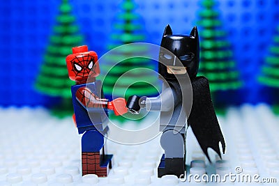 Lego Batman and Spiderrman friendship Editorial Stock Photo