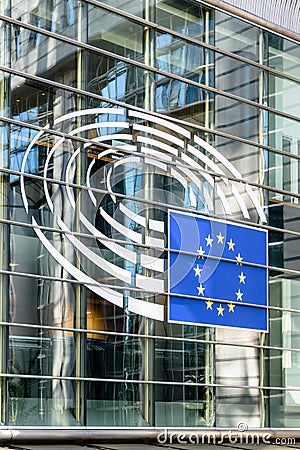 Close-up view of the logo of the European Parliament in the Espace Leopold in Brussels, Belgium Editorial Stock Photo