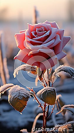 Close up view of a lone rose in a frosty and expansive field Stock Photo