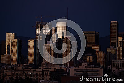 Close up view of Los Angeles highrises in an evening light Stock Photo