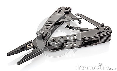 Close-up view of lying EDC folding knife with open tools isolated on white background Stock Photo