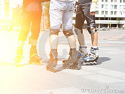 Close-up view of male legs in roller skates. Figure skating on roller skates Stock Photo