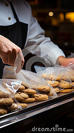 A close up view of a man bagging cookies in a plastic grocery bag Stock Photo