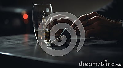 Close up view of man with car key and alcoholic beverage. Don't drink and drive concept, AI Generative Stock Photo