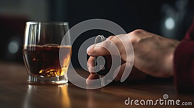 Close up view of man with car key and alcoholic beverage. Don't drink and drive concept, AI Generative Stock Photo