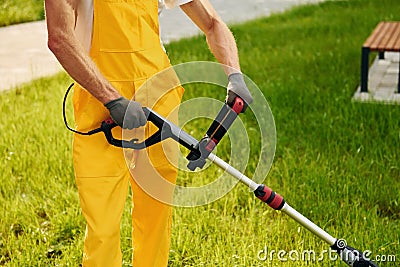 Close up view. Man cut the grass with lawn mover outdoors in the yard Stock Photo